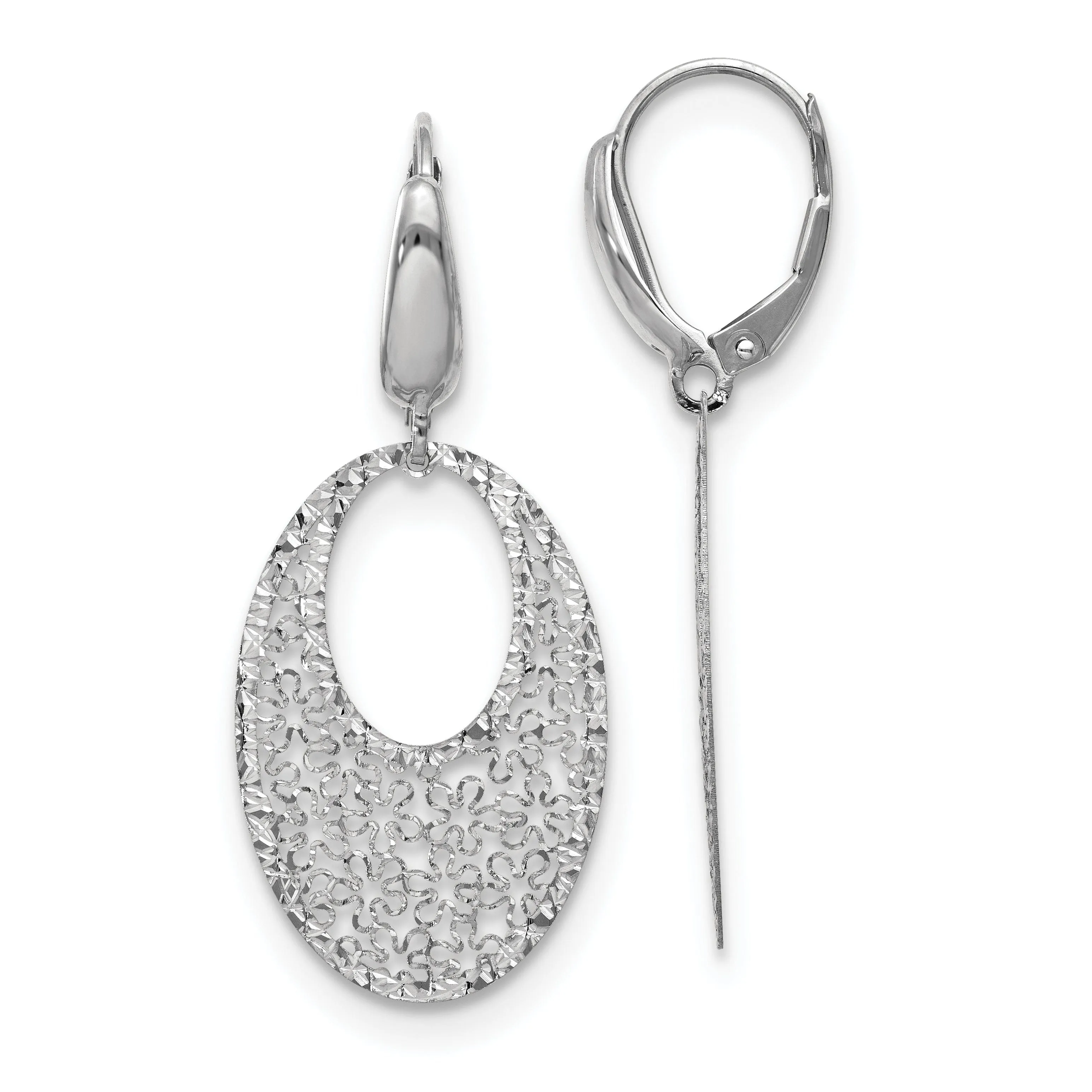 14K White Gold Floral Dangle Leverback Earrings