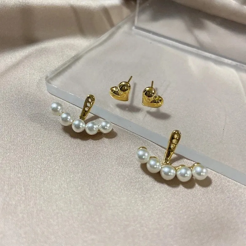 2023 New Elegant Metal Heart-Shaped Back Hanging Pearl Earrings Korean Fashion Jewelry For Woman Girls Accessories Wholesale