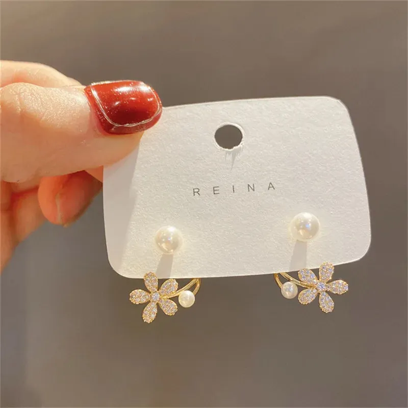 2023 New Elegant Metal Heart-Shaped Back Hanging Pearl Earrings Korean Fashion Jewelry For Woman Girls Accessories Wholesale