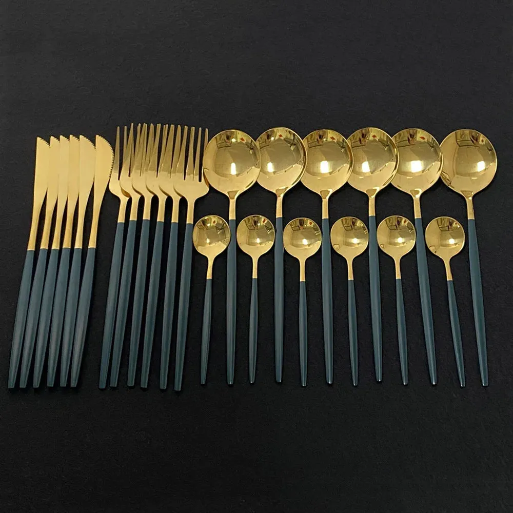 24Pcs Colorful Dinnerware Set Stainless Steel Cutlery Kitchen Mirror Gold Tableware Dinner