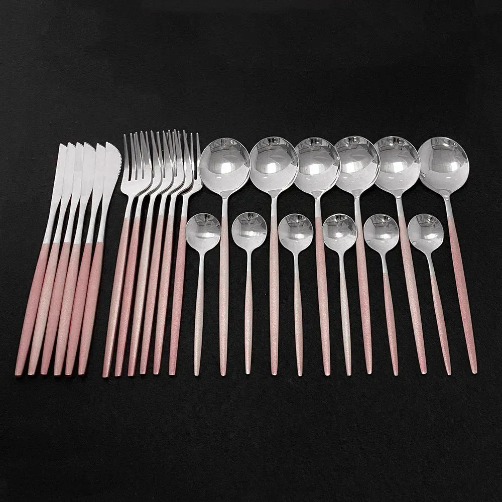 24Pcs Colorful Dinnerware Set Stainless Steel Cutlery Kitchen Mirror Gold Tableware Dinner