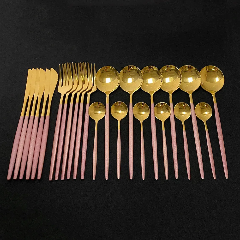 24Pcs Colorful Dinnerware Set Stainless Steel Cutlery Kitchen Mirror Gold Tableware Dinner