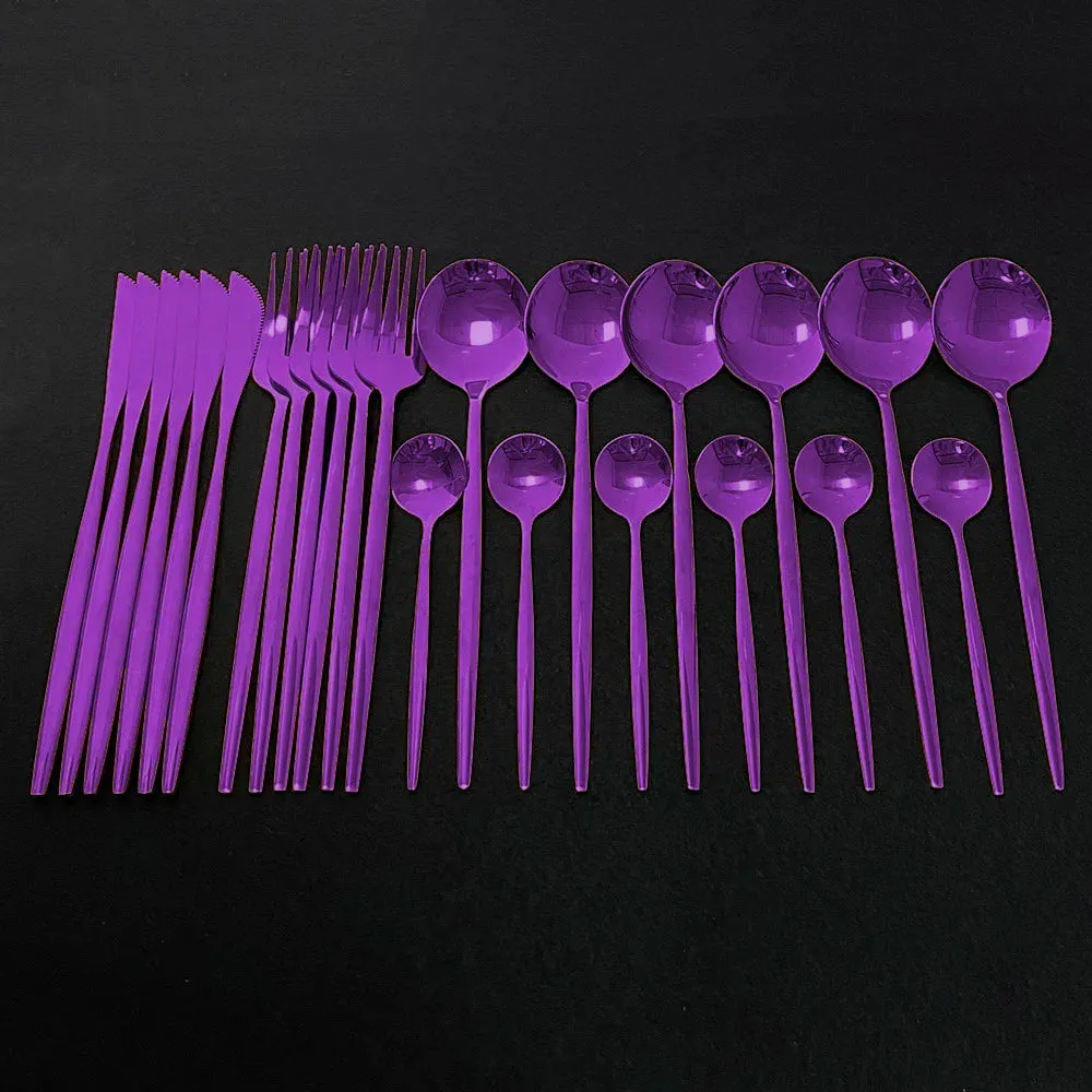 24Pcs Colorful Dinnerware Set Stainless Steel Cutlery Kitchen Mirror Gold Tableware Dinner