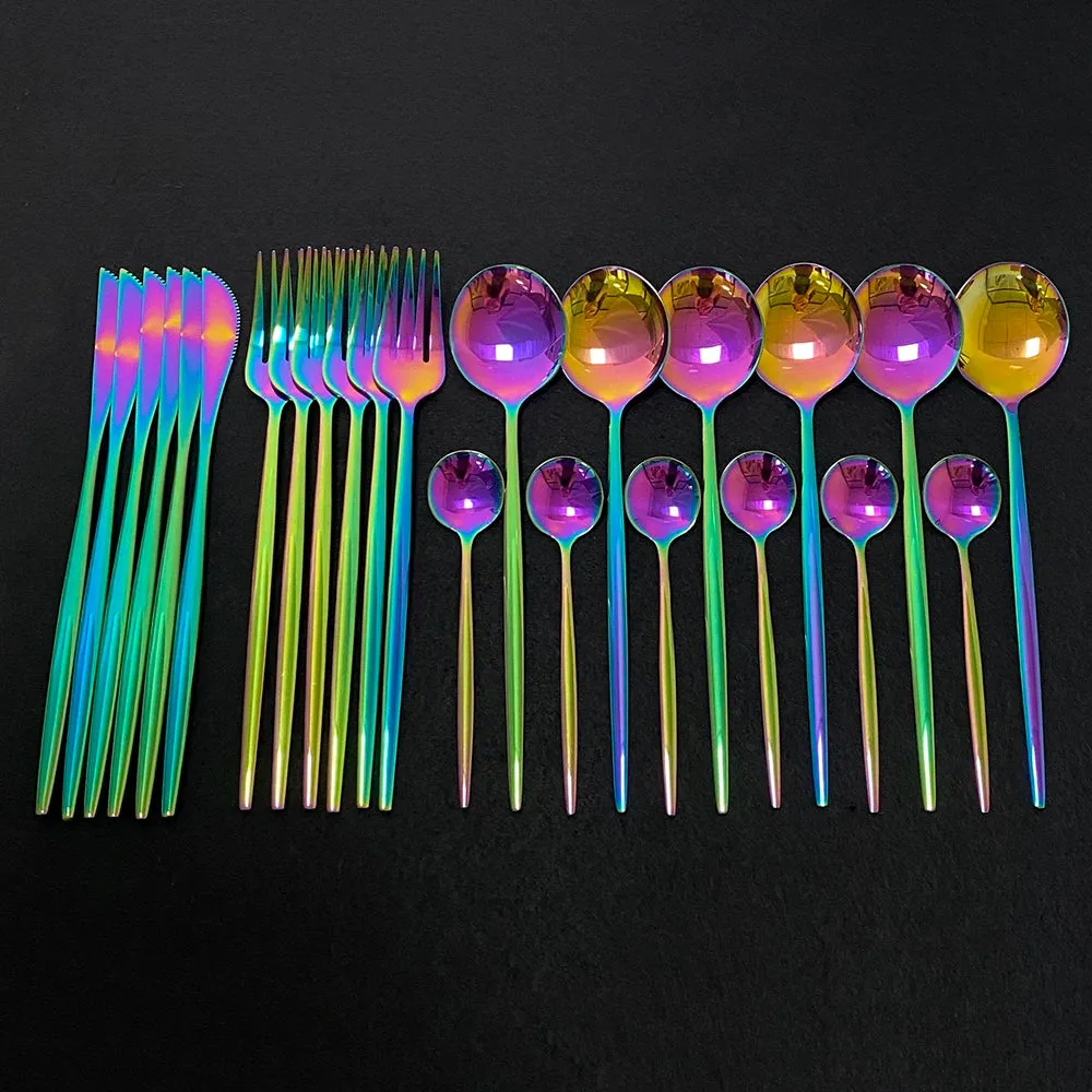 24Pcs Colorful Dinnerware Set Stainless Steel Cutlery Kitchen Mirror Gold Tableware Dinner