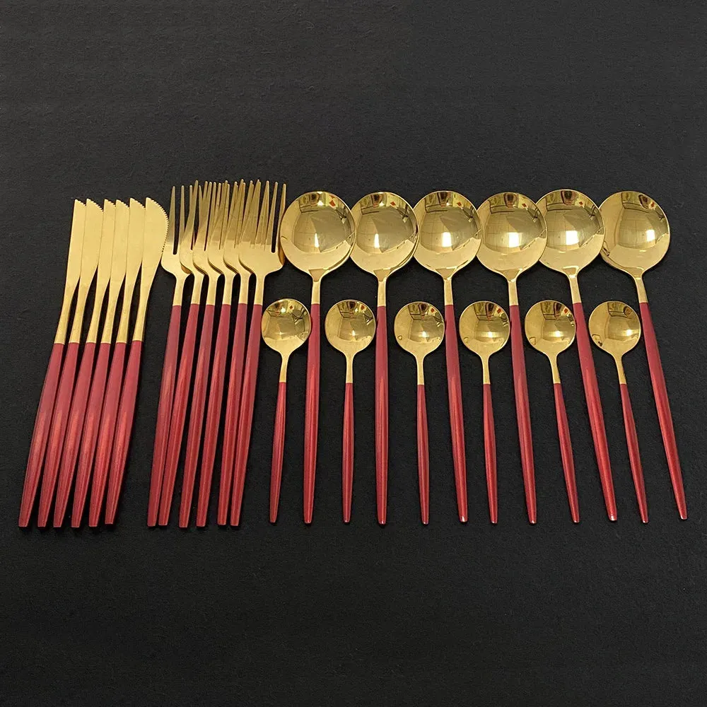 24Pcs Colorful Dinnerware Set Stainless Steel Cutlery Kitchen Mirror Gold Tableware Dinner