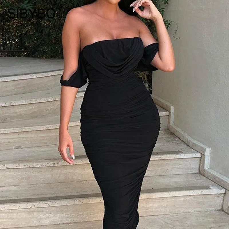 Alexa Sexy Pleated Off Shoulder Summer Party Dress