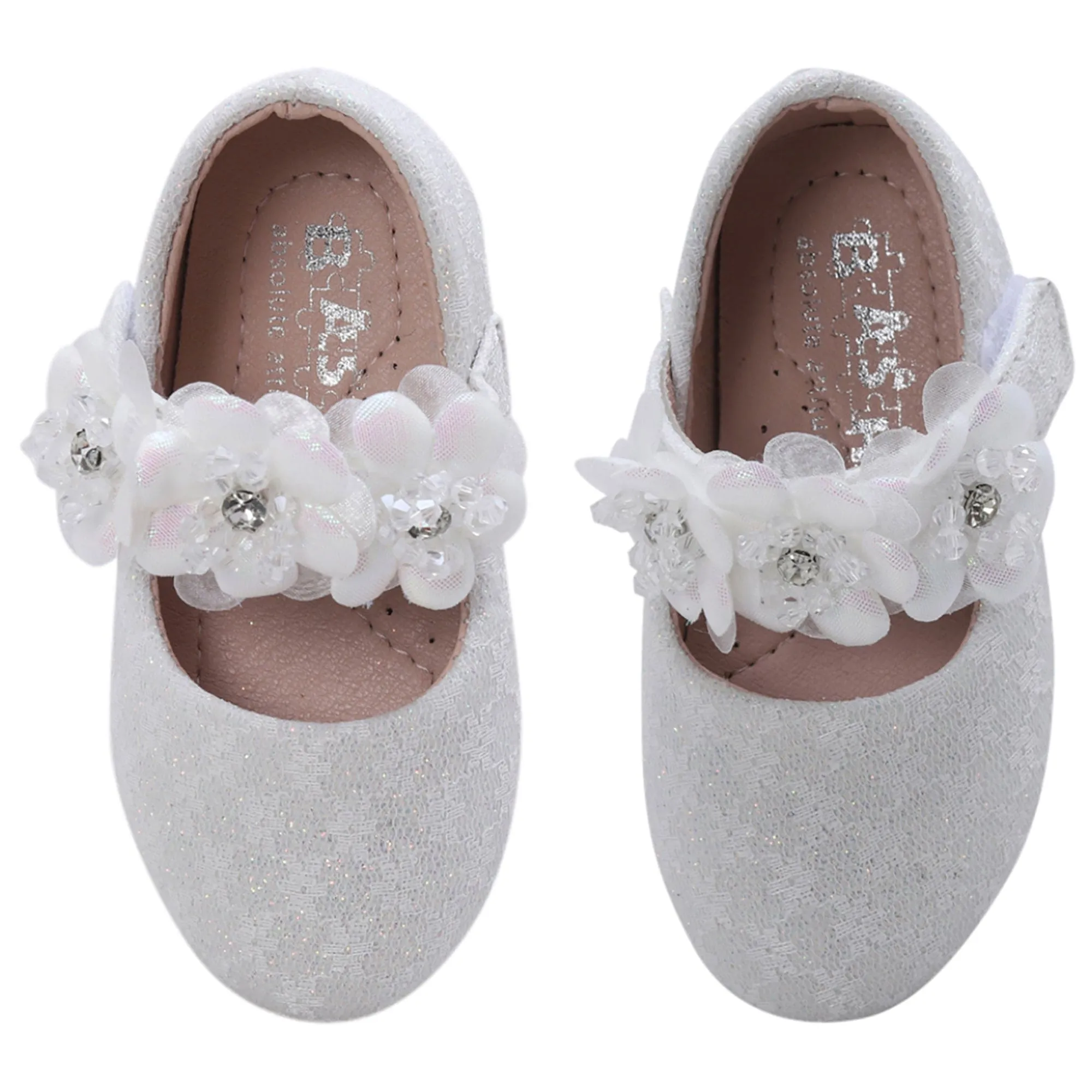 Baby Moo Mary Jane Lace Floral Applique On Velcro Strap Anti-Skid Ballerina Shoes - White