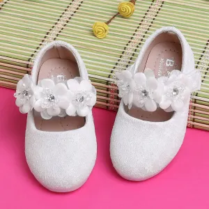 Baby Moo Mary Jane Lace Floral Applique On Velcro Strap Anti-Skid Ballerina Shoes - White