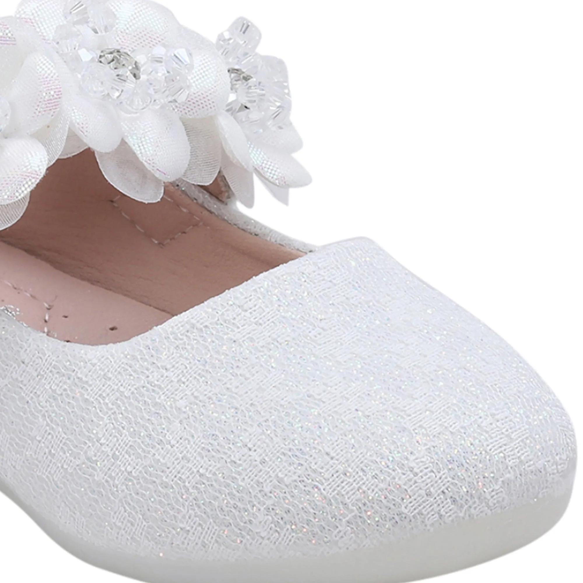 Baby Moo Mary Jane Lace Floral Applique On Velcro Strap Anti-Skid Ballerina Shoes - White