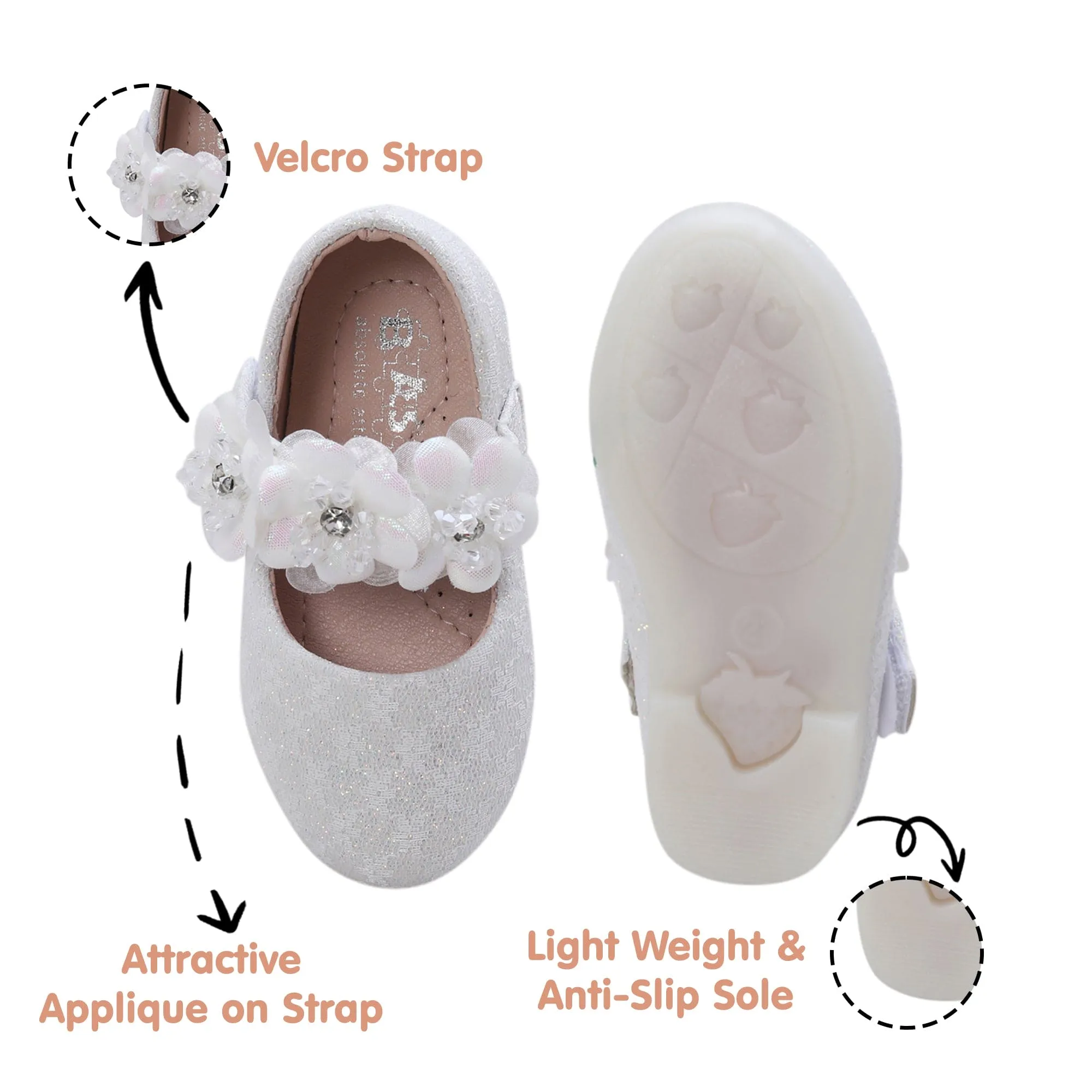 Baby Moo Mary Jane Lace Floral Applique On Velcro Strap Anti-Skid Ballerina Shoes - White