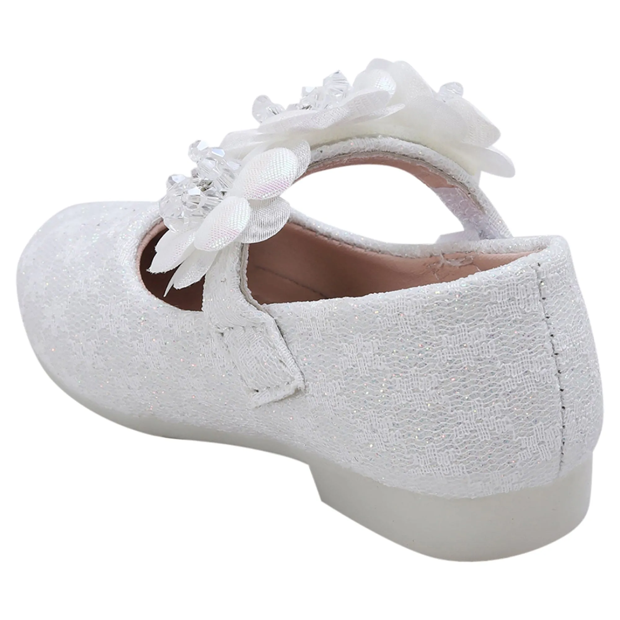 Baby Moo Mary Jane Lace Floral Applique On Velcro Strap Anti-Skid Ballerina Shoes - White