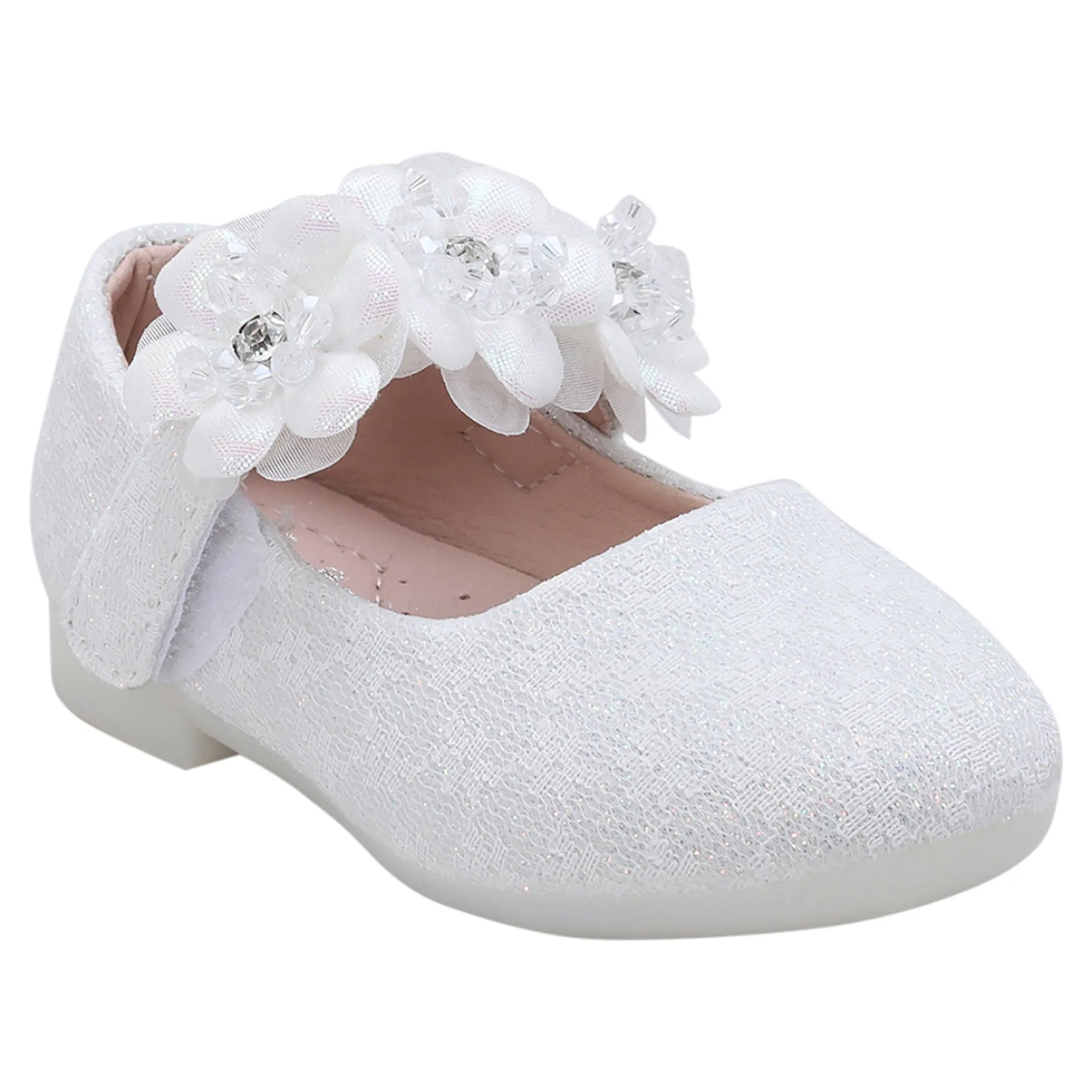 Baby Moo Mary Jane Lace Floral Applique On Velcro Strap Anti-Skid Ballerina Shoes - White