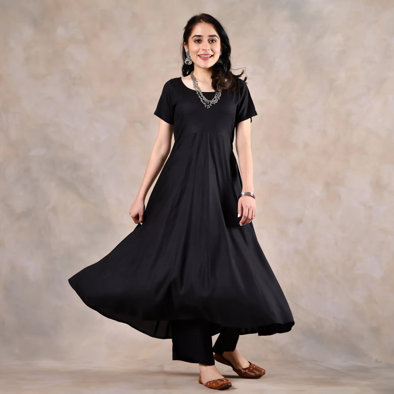 Black Flared Kurta Set with Scalloped Dupatta