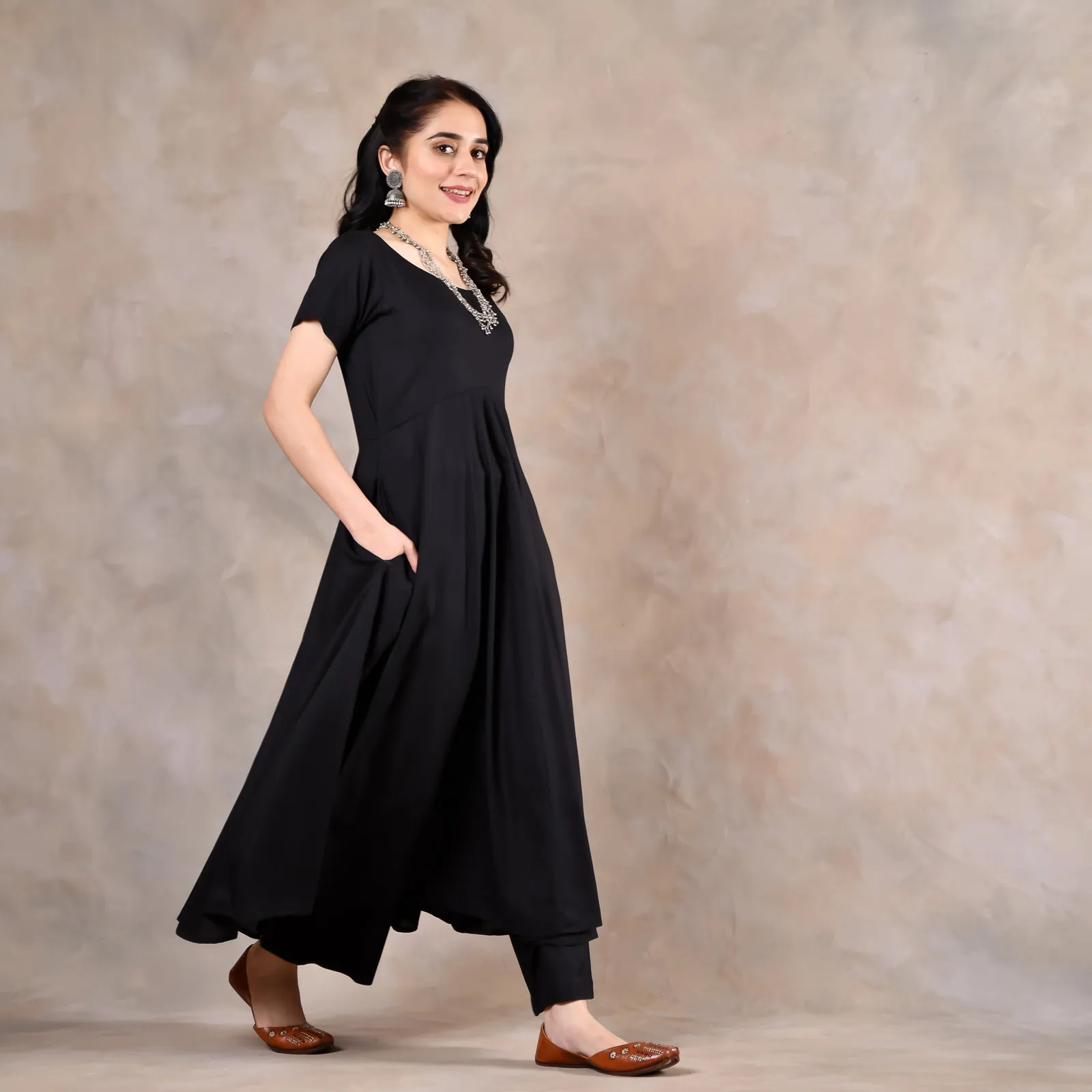 Black Flared Kurta Set with Scalloped Dupatta