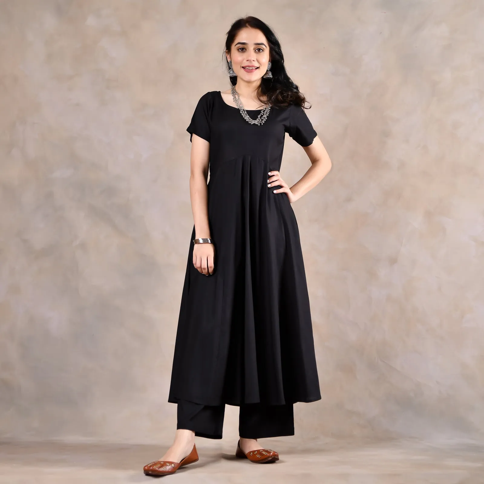 Black Flared Kurta Set with Scalloped Dupatta