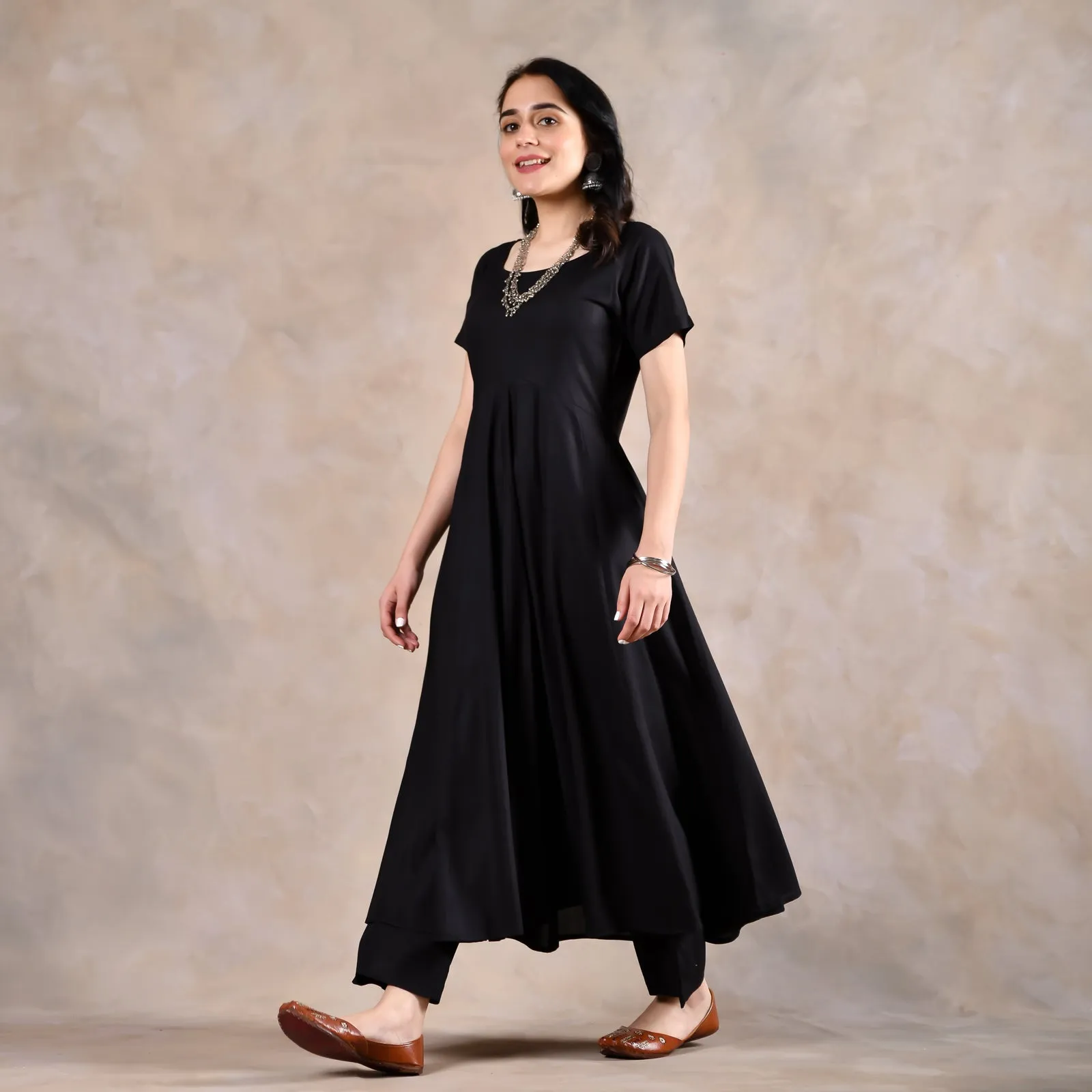 Black Flared Kurta Set with Scalloped Dupatta