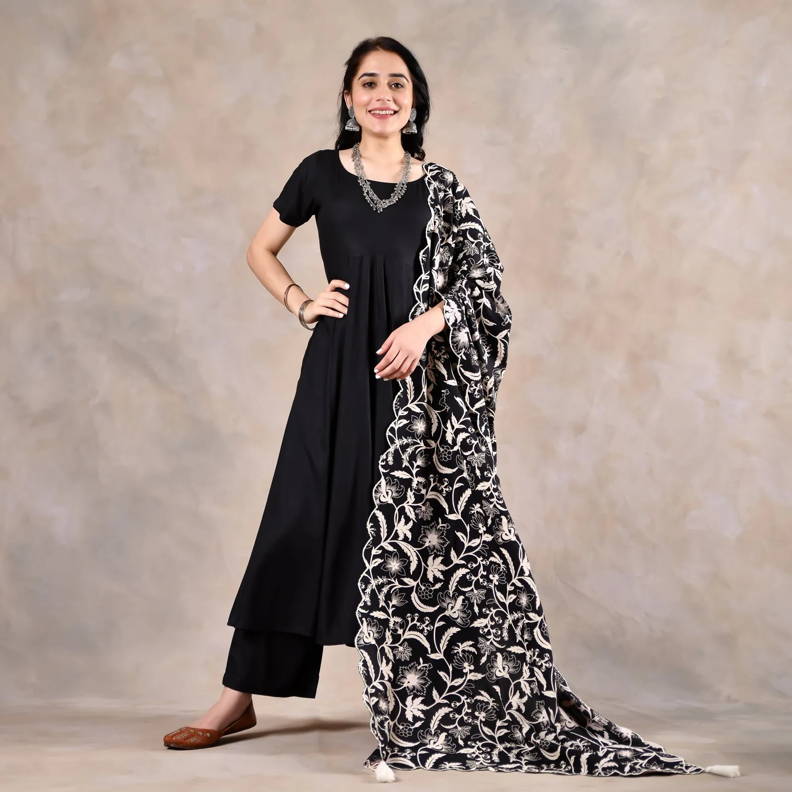 Black Flared Kurta Set with Scalloped Dupatta