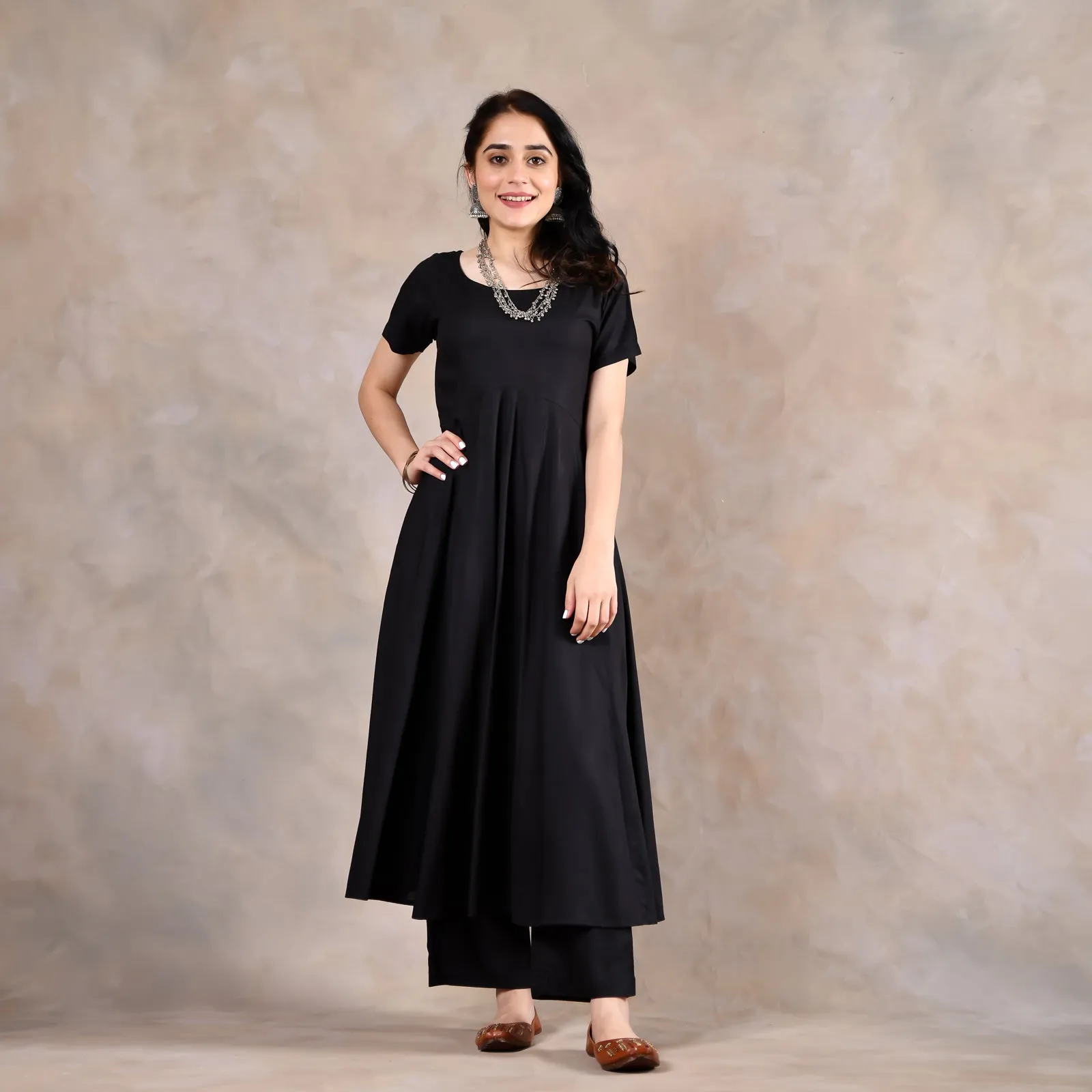 Black Flared Kurta Set with Scalloped Dupatta