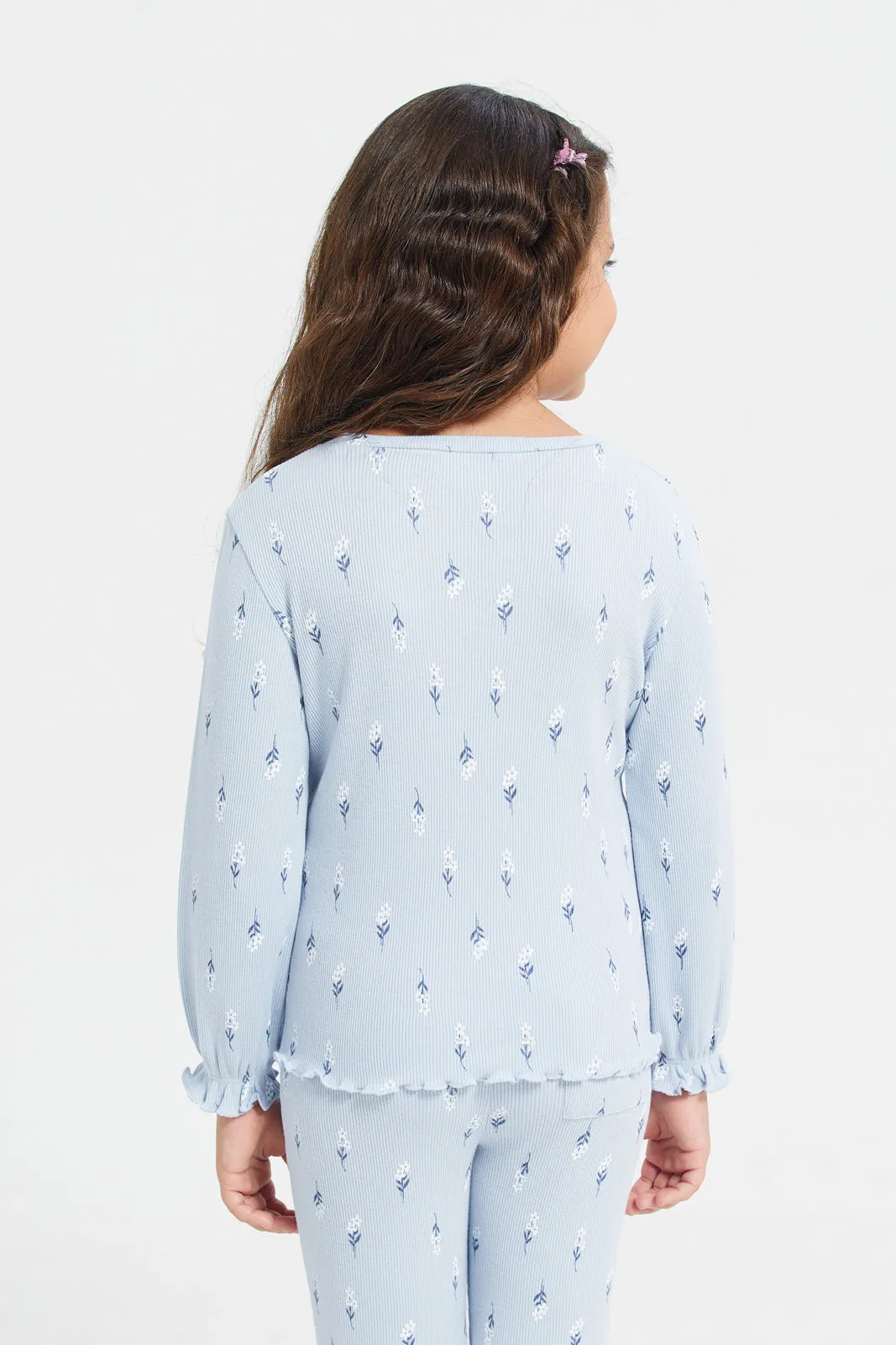 Blue Floral Aop Rib F/S T Shirt