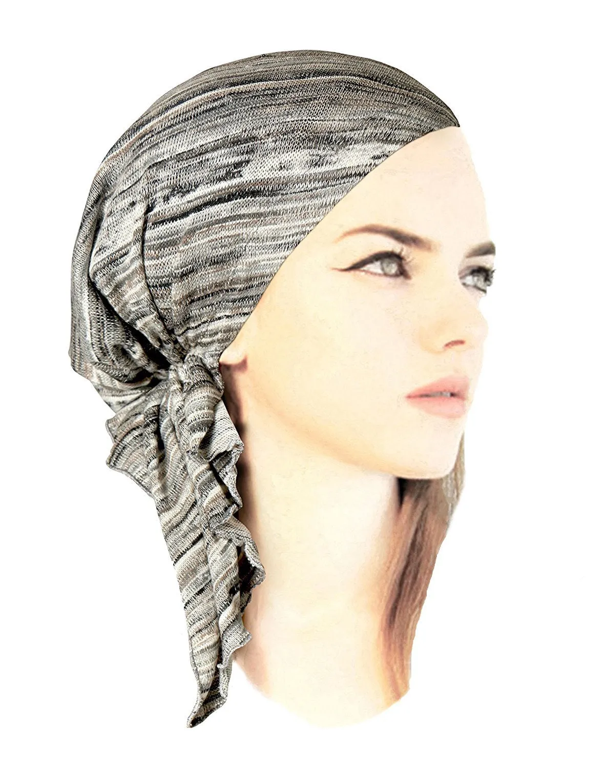 Boho Chic Pre-tied Head-Scarf Tichel Textured Breathable Knit Collection ShariRose (Black white gray taupe short - 402)