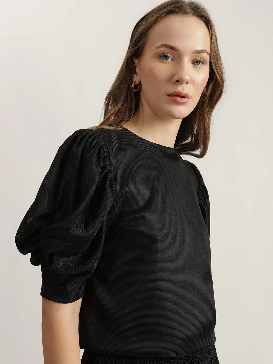 Centre Stage Women Black Solid Round Neck Short Sleeves Top