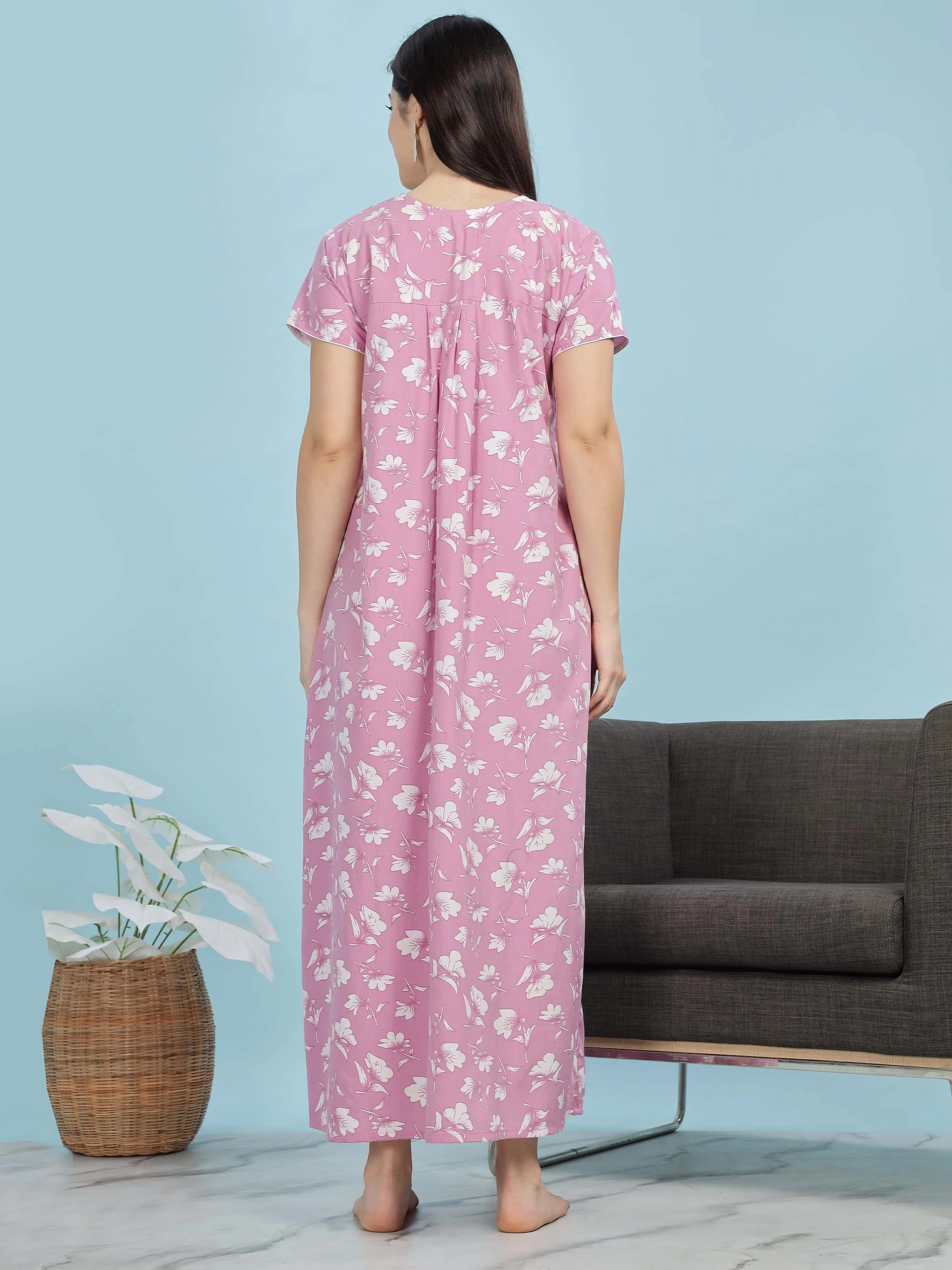 Chic Light Pink Floral Pleated Nighty with Embroidered Neckline