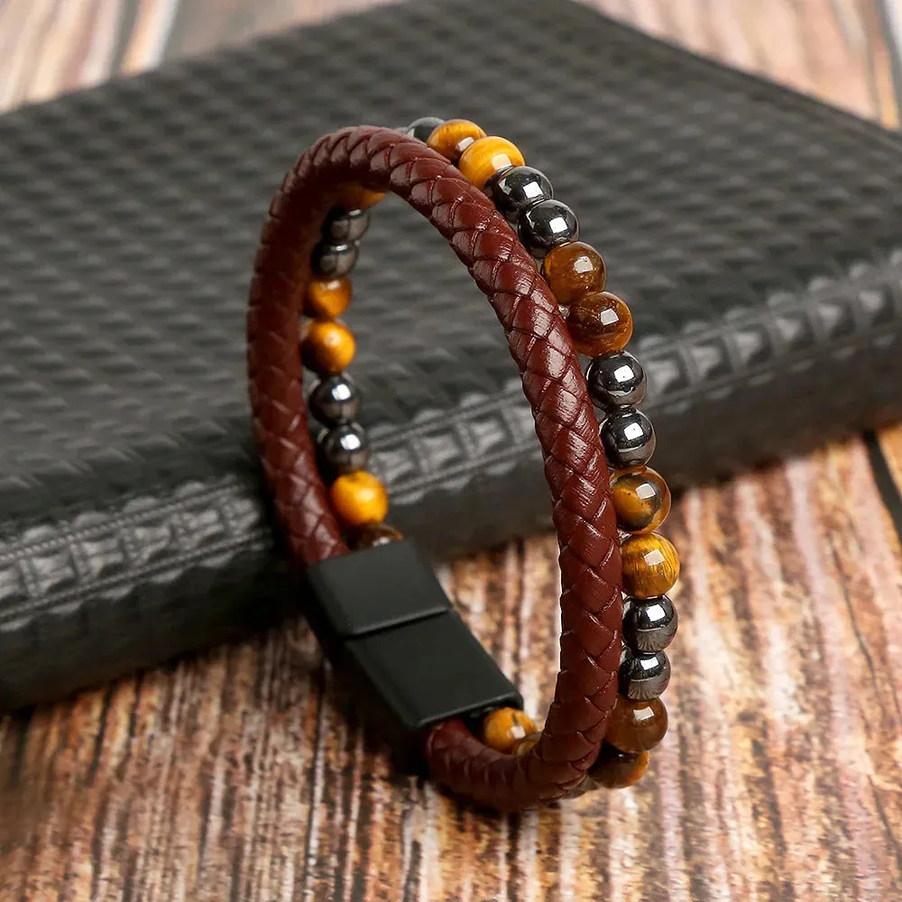 Classic Cross Leather Bracelet For Men Stainless Steel Multi Layer Combination Tiger Eye Bead Leather Bracelet Fashion Jewelry