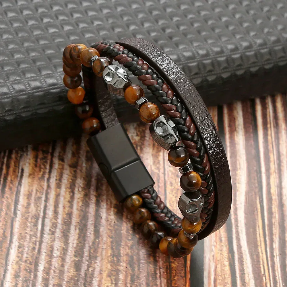 Classic Cross Leather Bracelet For Men Stainless Steel Multi Layer Combination Tiger Eye Bead Leather Bracelet Fashion Jewelry