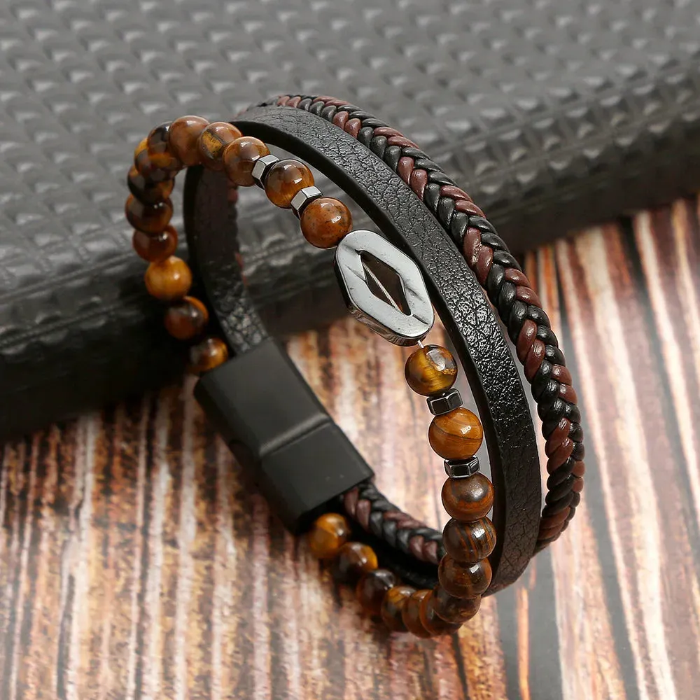 Classic Cross Leather Bracelet For Men Stainless Steel Multi Layer Combination Tiger Eye Bead Leather Bracelet Fashion Jewelry