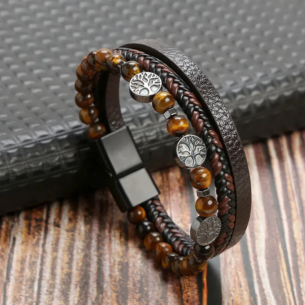 Classic Cross Leather Bracelet For Men Stainless Steel Multi Layer Combination Tiger Eye Bead Leather Bracelet Fashion Jewelry