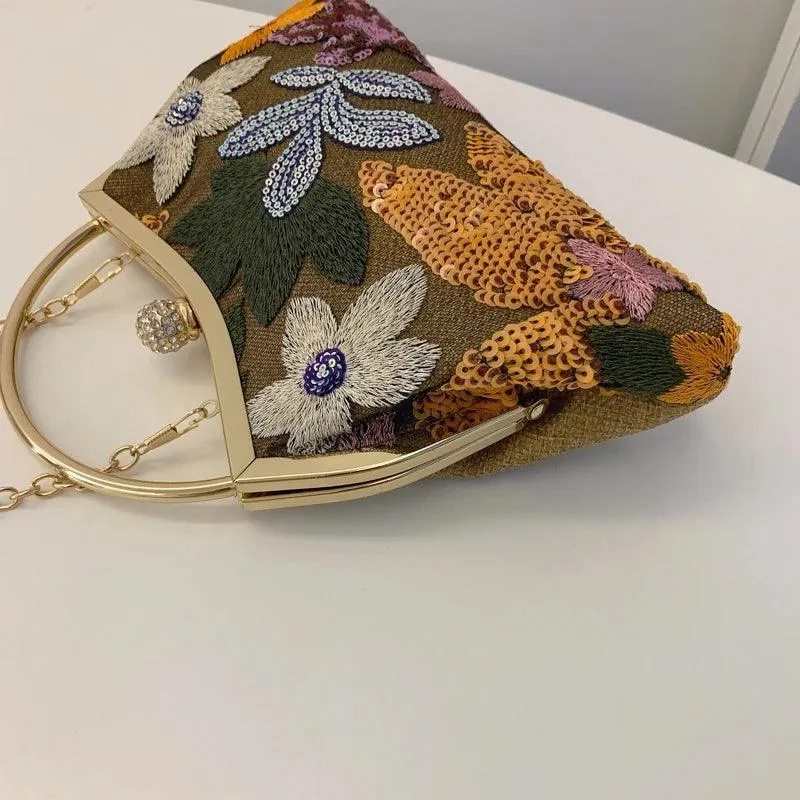 Colorful Clutch Flower Embroidered Sequin Metal Handle Chain Strap Small Party Purse