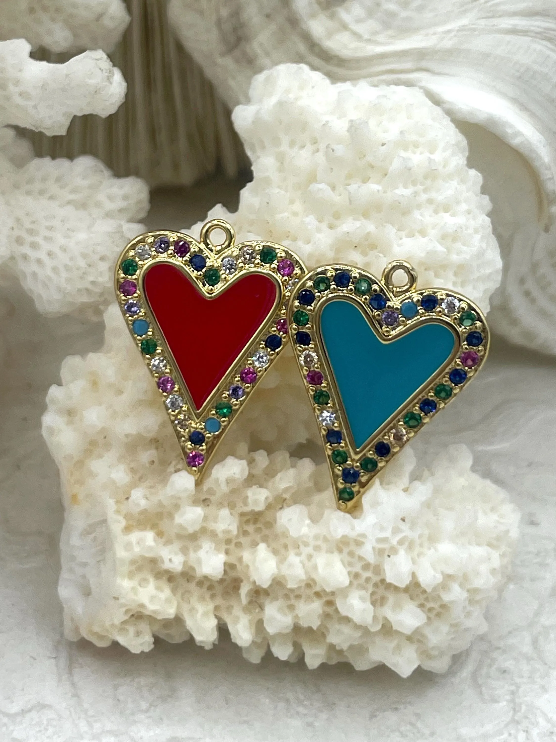 Colorful Enamel and Gold Heart Pendants with Colorful CZ, Gold Heart Charms, 6 Colors, Enamel and Gold Plated Brass Pendants, Fast Ship.