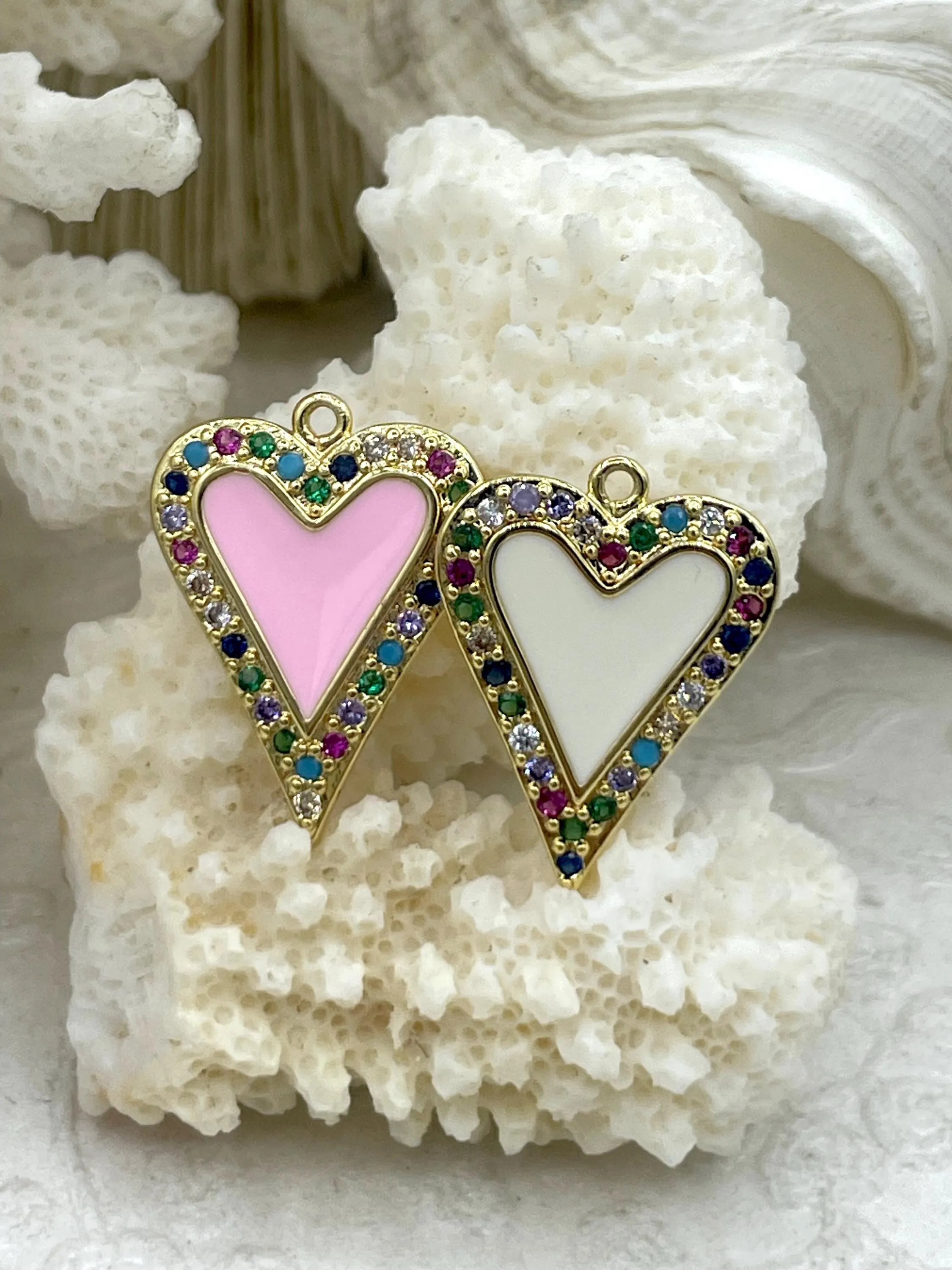 Colorful Enamel and Gold Heart Pendants with Colorful CZ, Gold Heart Charms, 6 Colors, Enamel and Gold Plated Brass Pendants, Fast Ship.