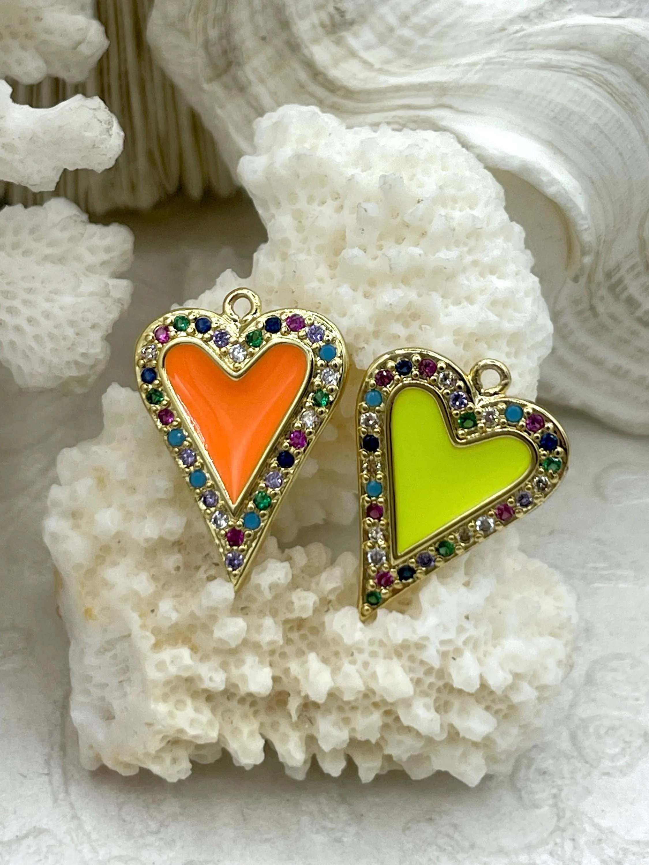 Colorful Enamel and Gold Heart Pendants with Colorful CZ, Gold Heart Charms, 6 Colors, Enamel and Gold Plated Brass Pendants, Fast Ship.