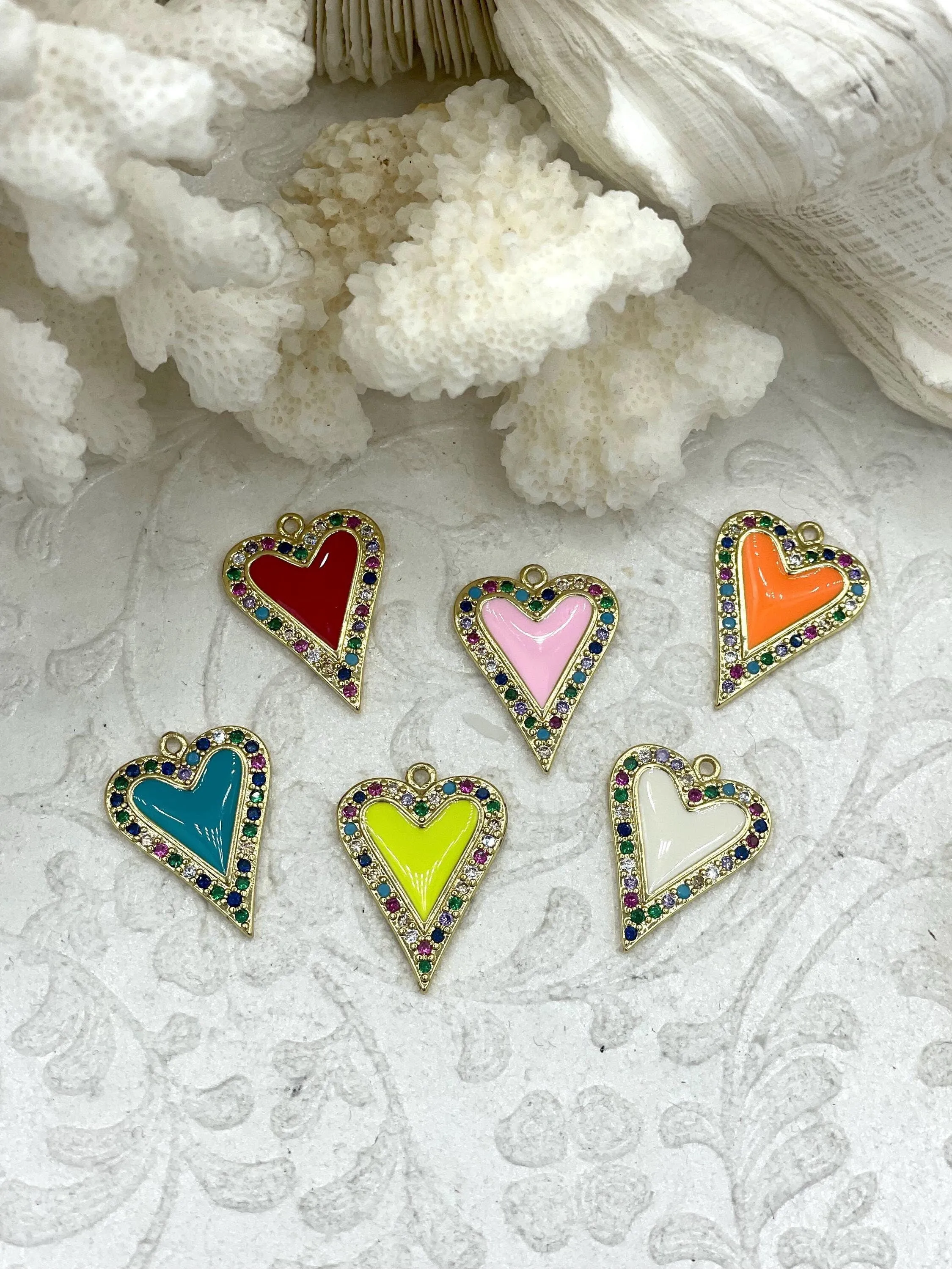 Colorful Enamel and Gold Heart Pendants with Colorful CZ, Gold Heart Charms, 6 Colors, Enamel and Gold Plated Brass Pendants, Fast Ship.