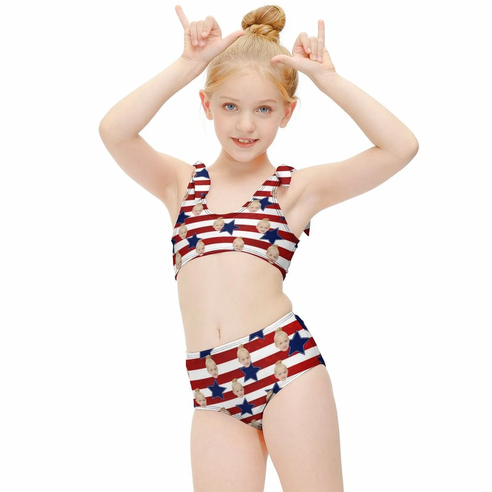 Custom Face American Flag Kid's Strap Swimsuit Put Your Face on Custom Swimwear