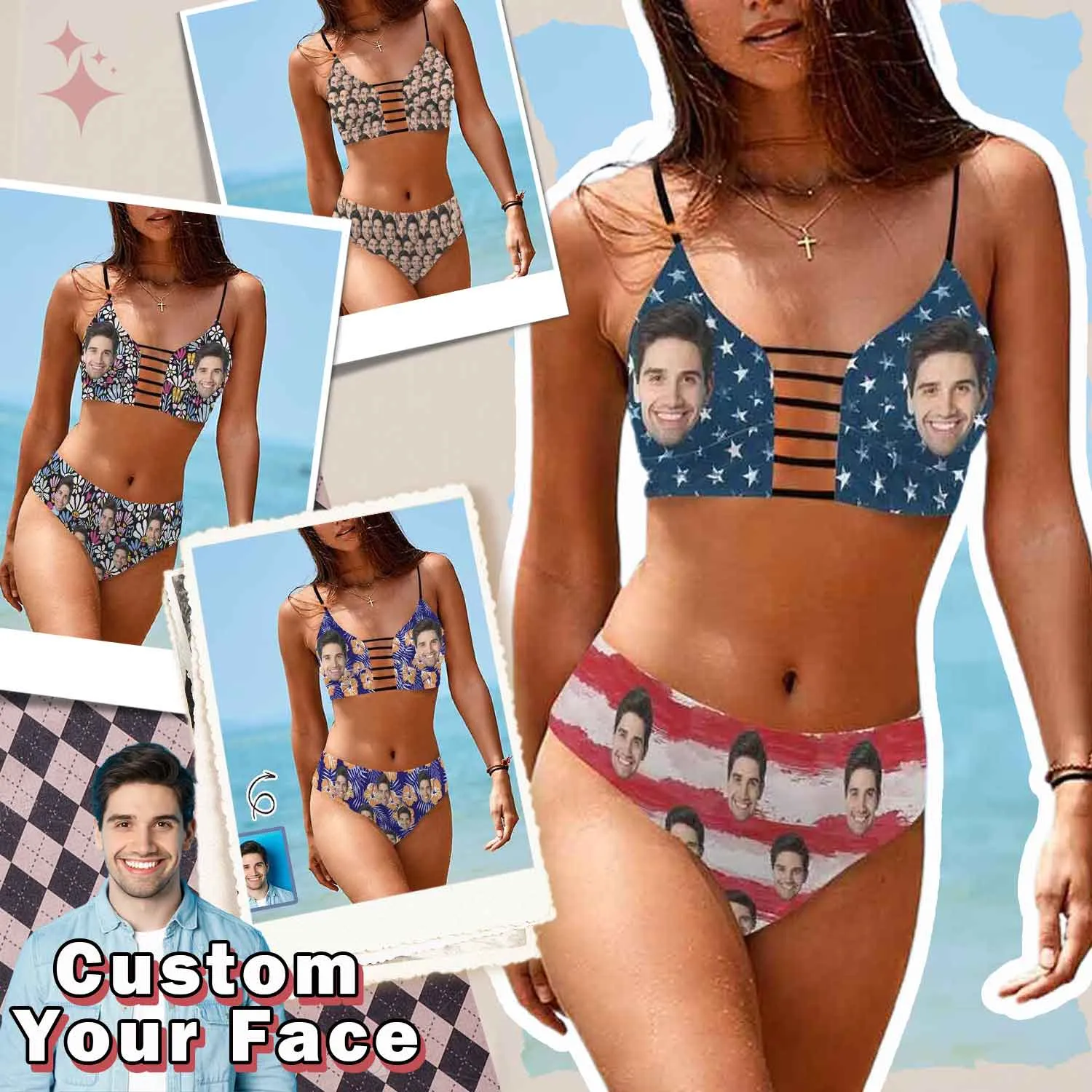 Custom  Face American Flag Tie Cutout Bikini Set Personalized Low Waisted Bikini Swimsuit Beach Outfits