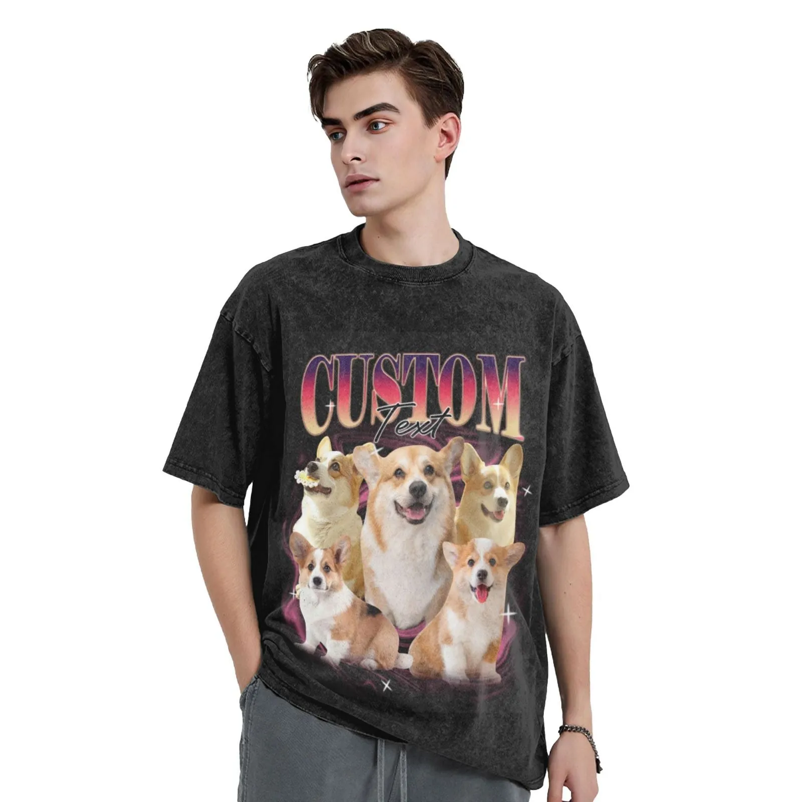 Custom Pet Photo & Text Bootleg Shirt 90s Vintage Oversized Unisex T-shirt