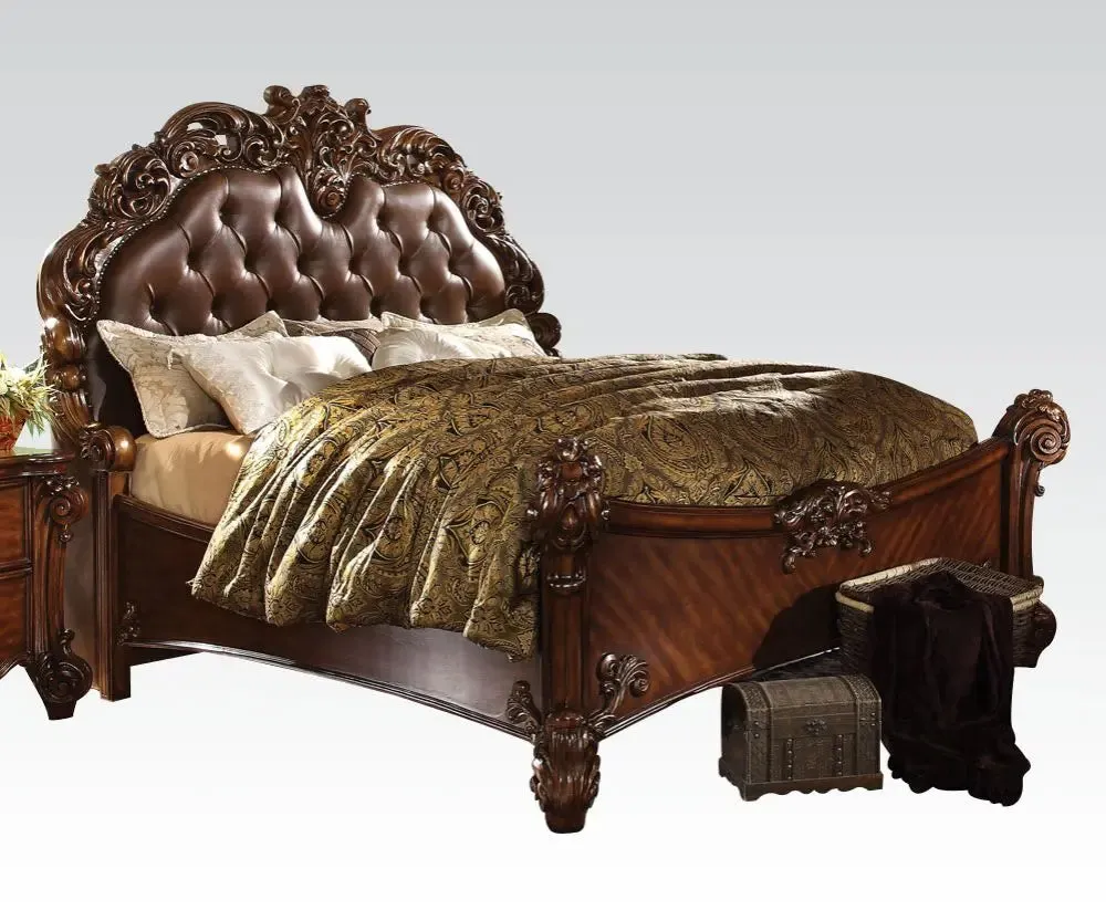 Davis Queen Bed w/Oversized Scrolled Molding Trim & Leg, Faux Leather & Cherry