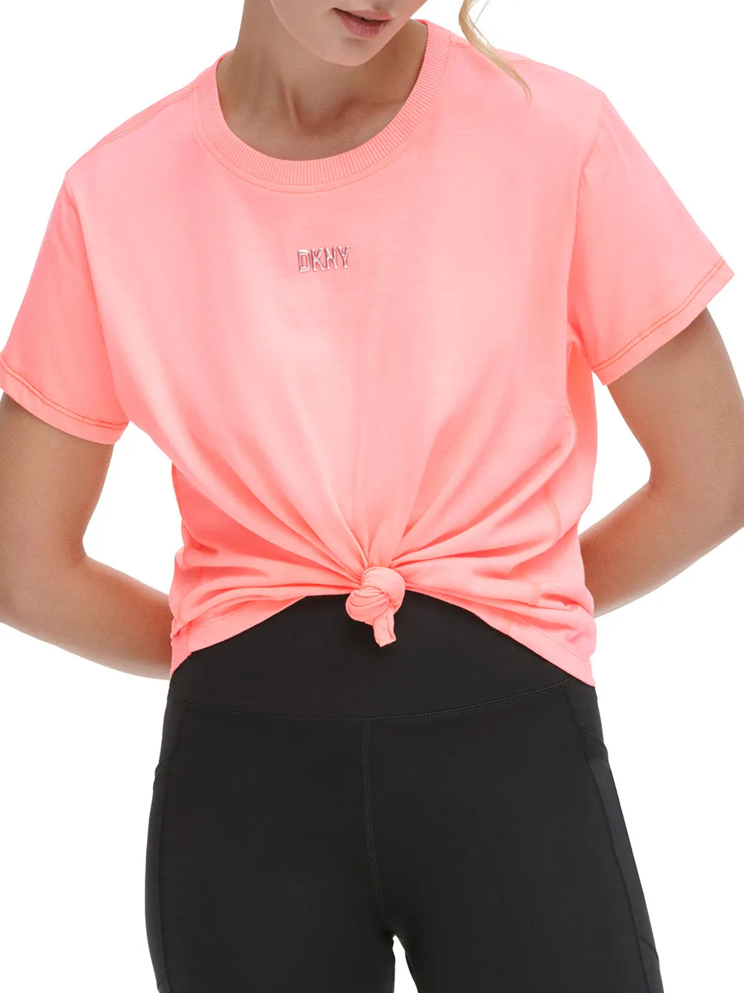 DKNY Women Pink Solid Round Neck Short Sleeves Top