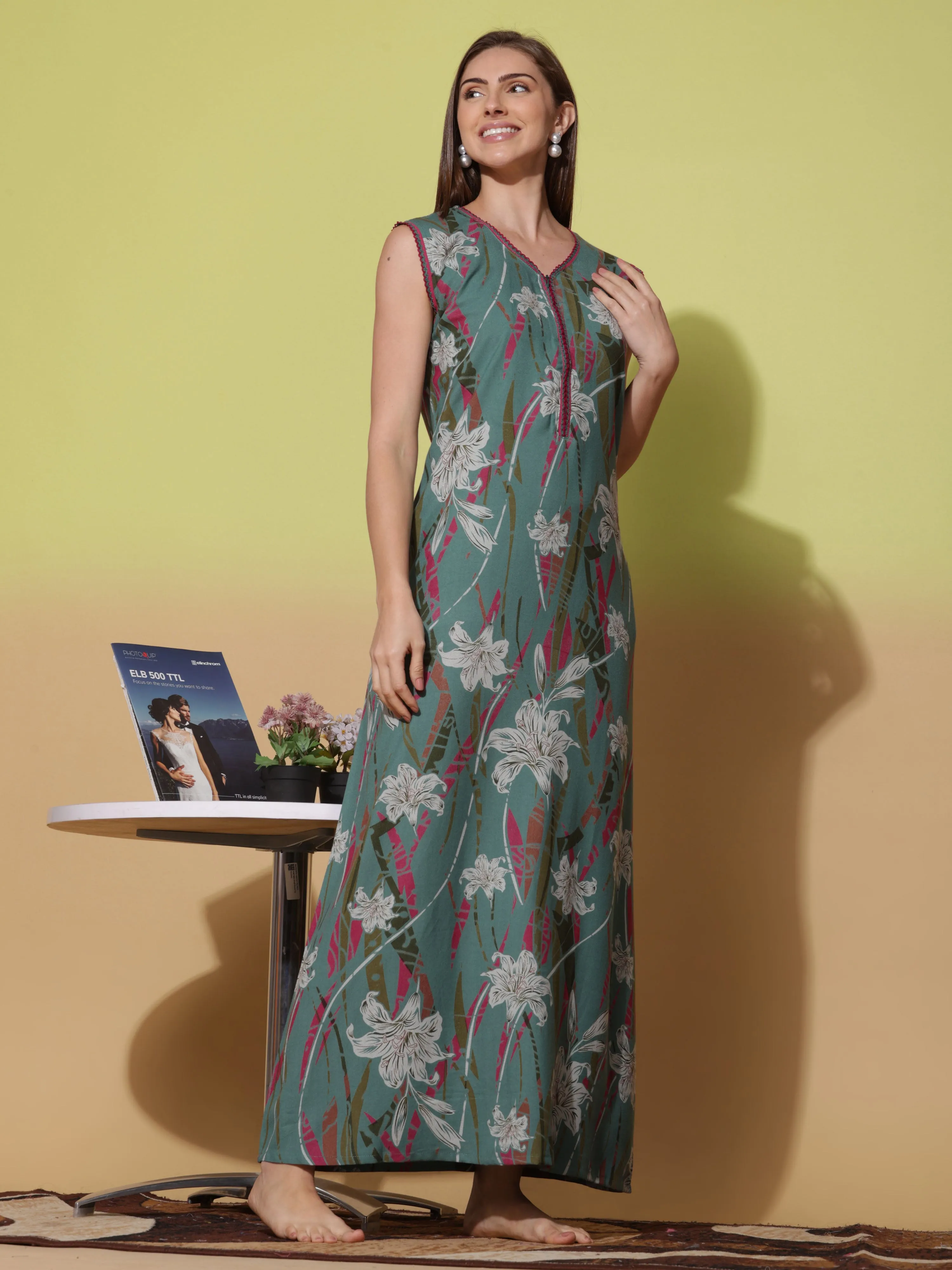 Dreamy Green Alpine Sleeveless Nighty - Elegant & Comfortable