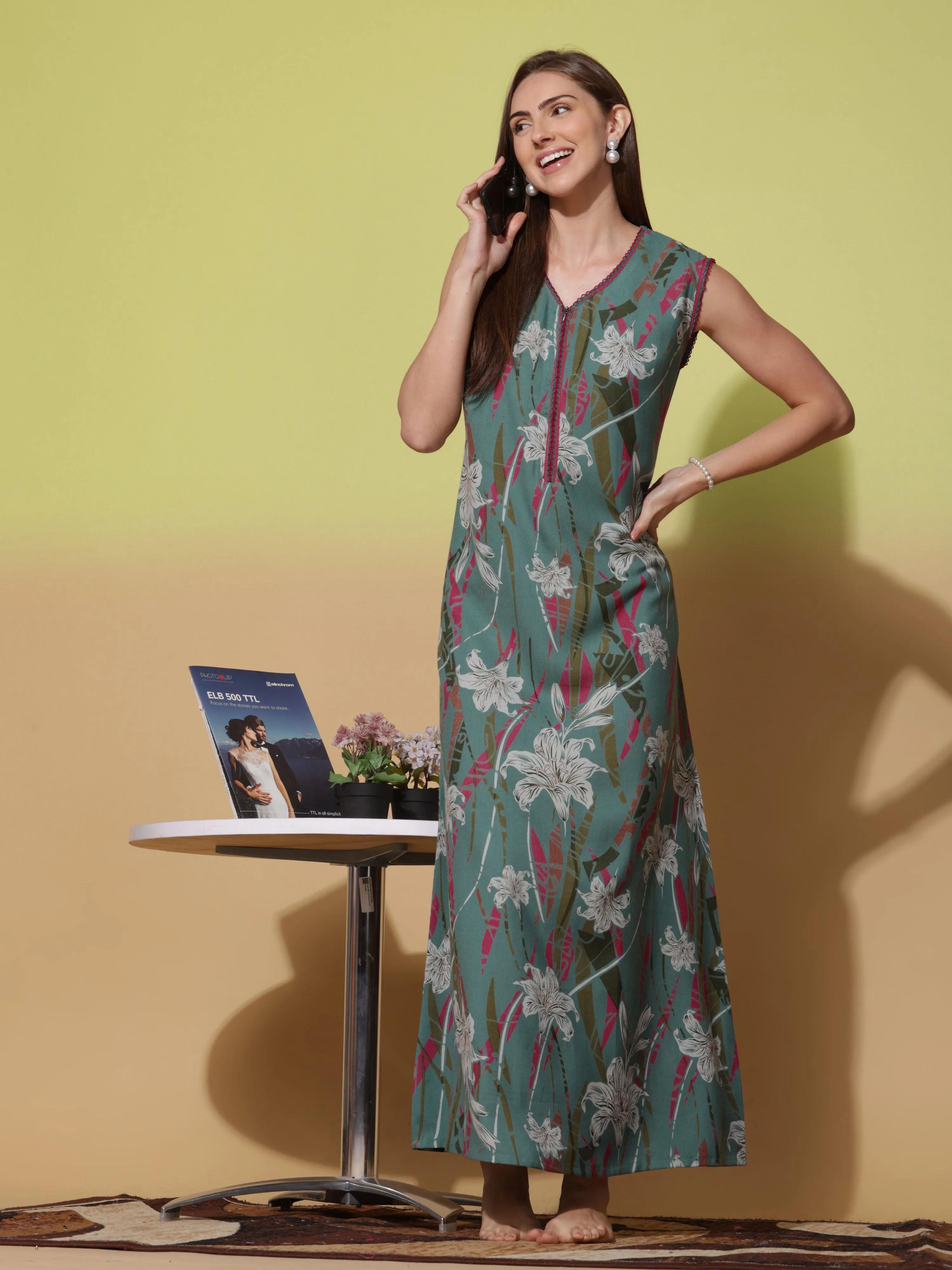 Dreamy Green Alpine Sleeveless Nighty - Elegant & Comfortable