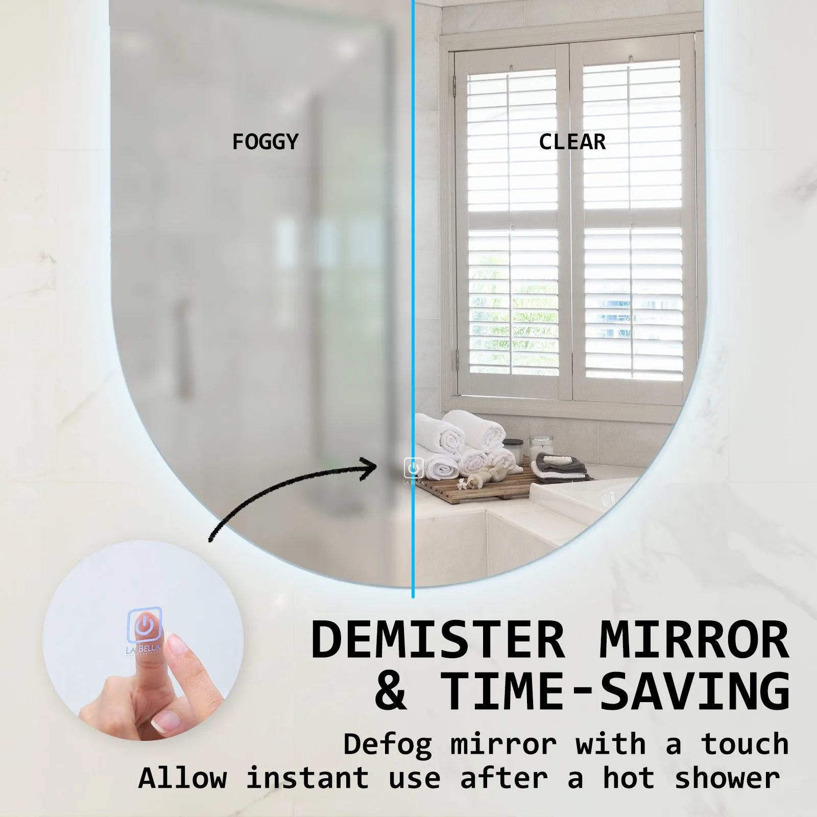 Dual LED Anti-Fog Oval Wall Mirrors, Touch Switch, La Bella