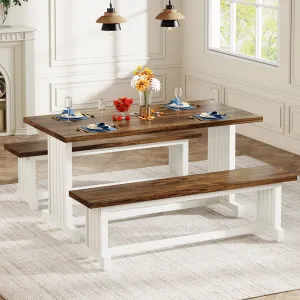 Farmhouse Dining Table Set, 47" Kitchen Table with 2 Benches