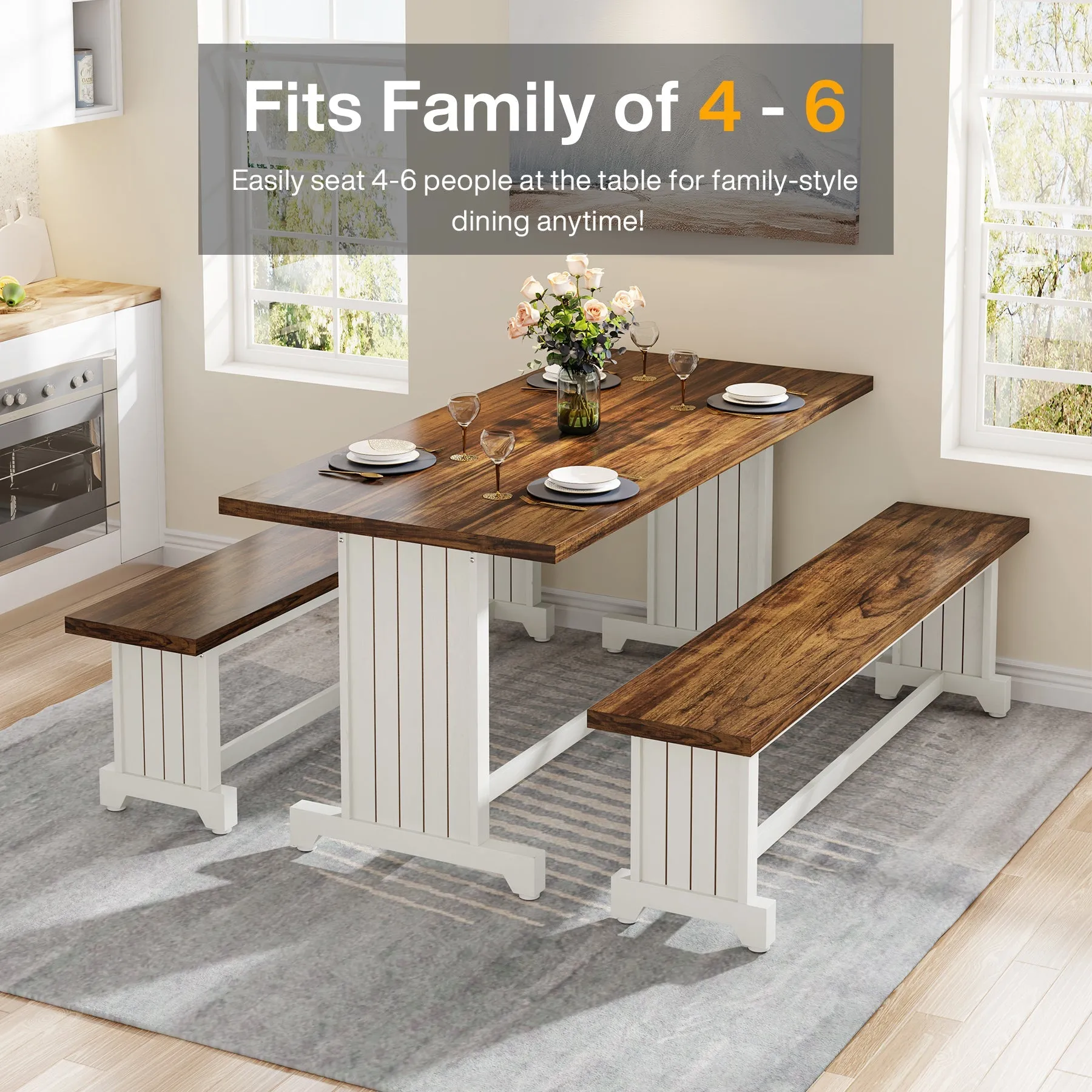 Farmhouse Dining Table Set, 47" Kitchen Table with 2 Benches