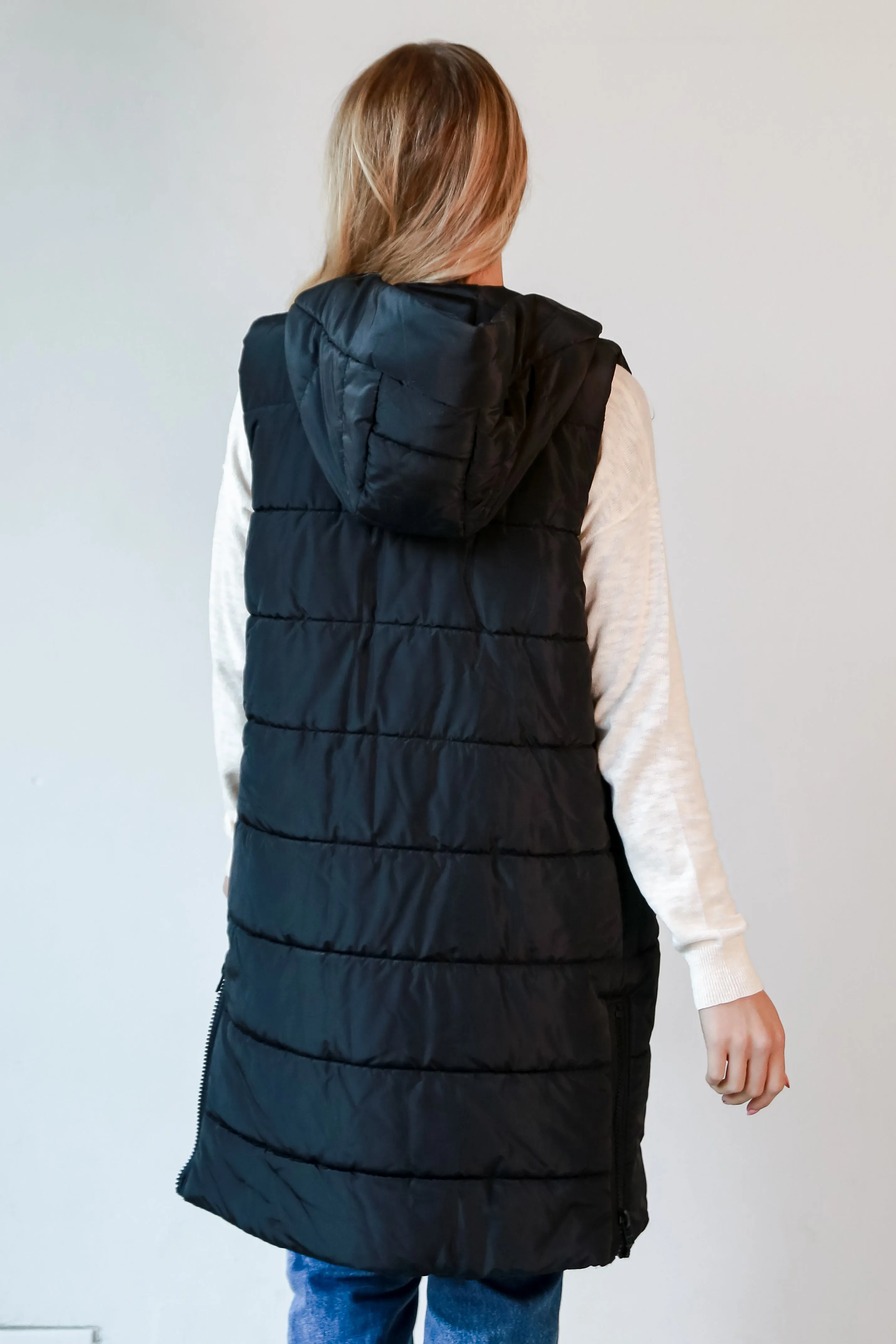 FINAL SALE - In The City Black Quilted Hooded Longline Puffer Vest