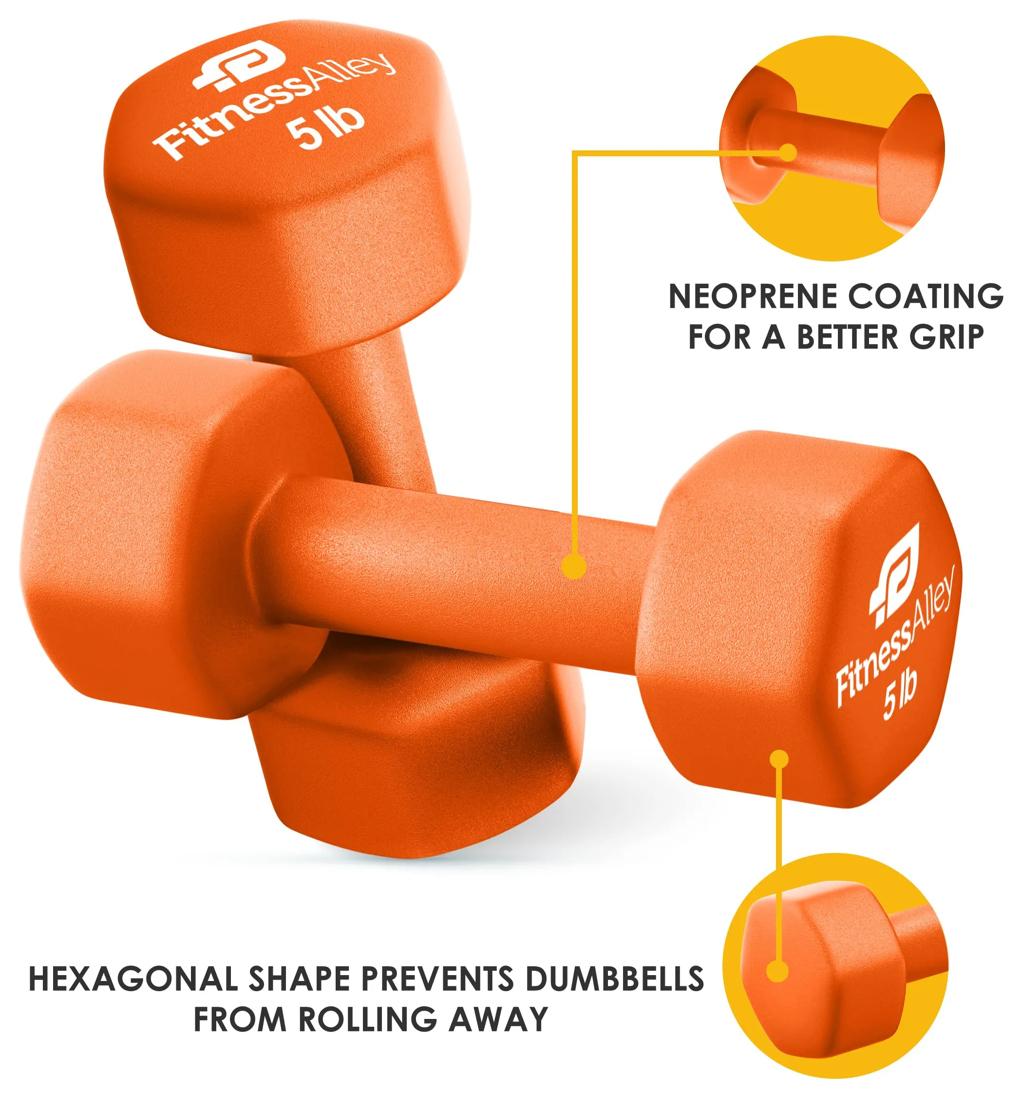 Fitness Alley Neoprene Coated 5lb Hex Dumbbells Orange Pair