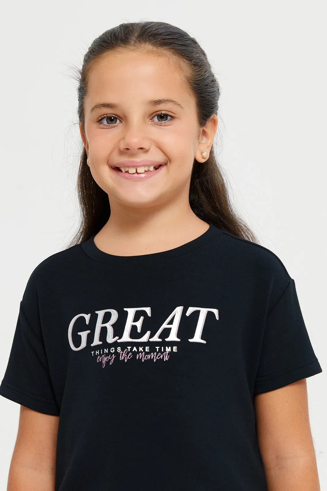 Girls Black Printed T-Shirt