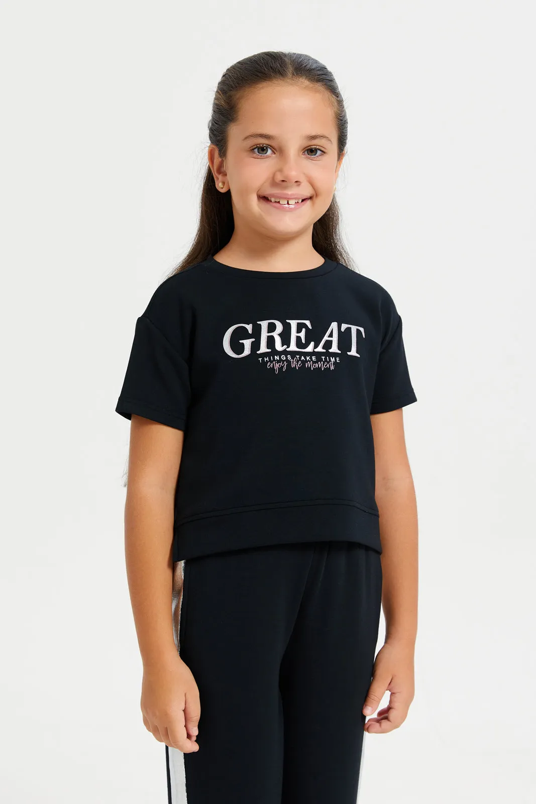 Girls Black Printed T-Shirt