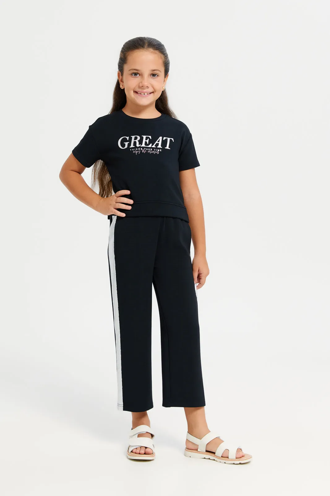 Girls Black Printed T-Shirt